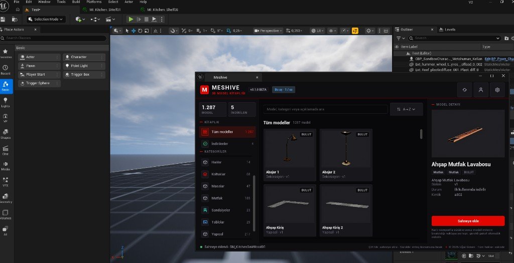Unreal Engine içinde açılmış Meshive katalog paneli: kategoriler, model önizlemeleri ve sahneye ekle butonu